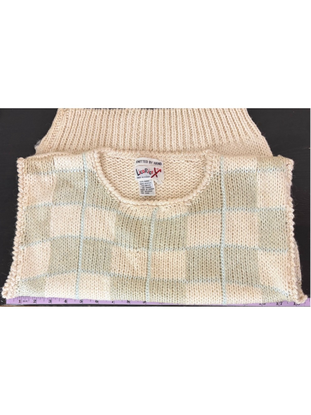 Vintage Licorice Hand-Knit Checkered Sweater Vest Large Ramie Blend Pastel Sage - Picture 6 of 9